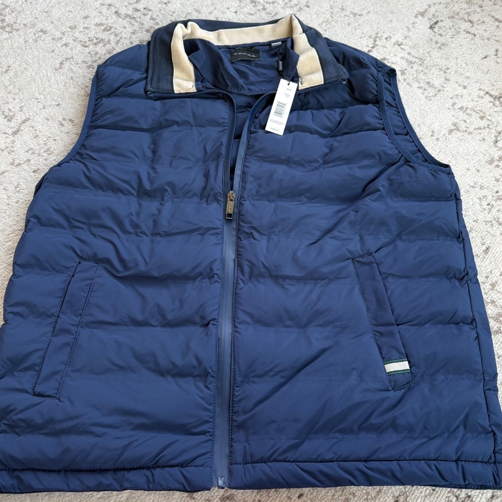 Tahari Mens Navy Blue Puffer Vest Quilted Full Zip Sleeveless Jacket Size Medium